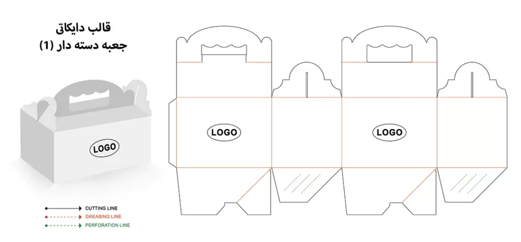 پیشنمایش سبک قالب جعبه لاکباتوم دستهدار | دانلود قالب دایکات استاندارد ISO – چاپ مشهد