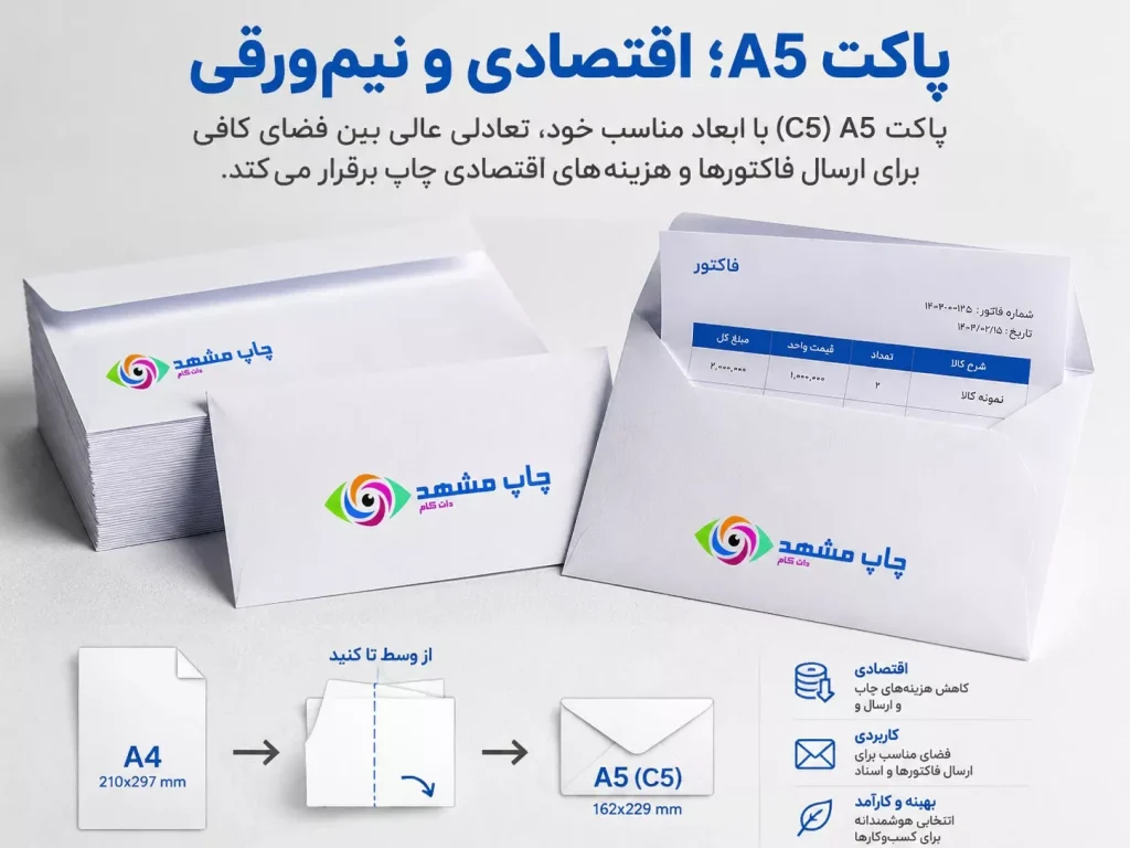 پاکت سایز A5 یا نیم‌ورقی به عنوان گزینه‌ای اقتصادی برای ارسال فاکتور و نامه