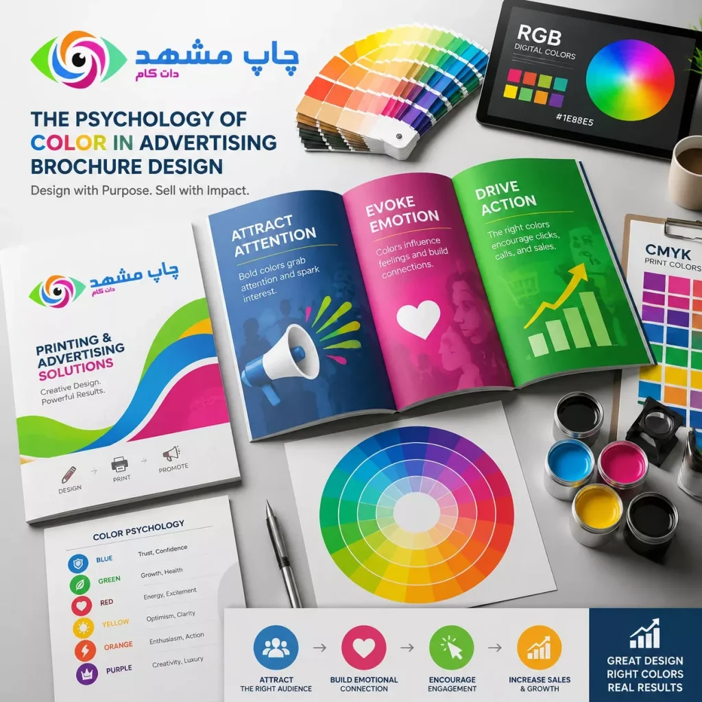 روانشناسی رنگ در بروشور تبلیغاتی با نمایش پالت رنگی، نمونه طراحی بروشور و تاثیر رنگ‌ها بر افزایش فروش و جذب مشتری