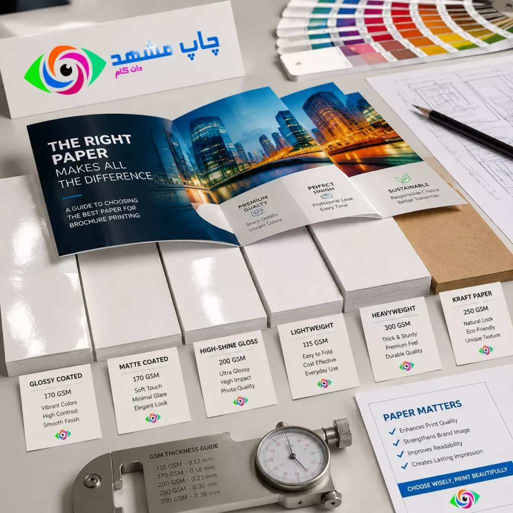 بهترین کاغذ برای چاپ بروشور شامل بررسی انواع متریال، گرماژ، کاغذ گلاسه، مات، براق و کرافت