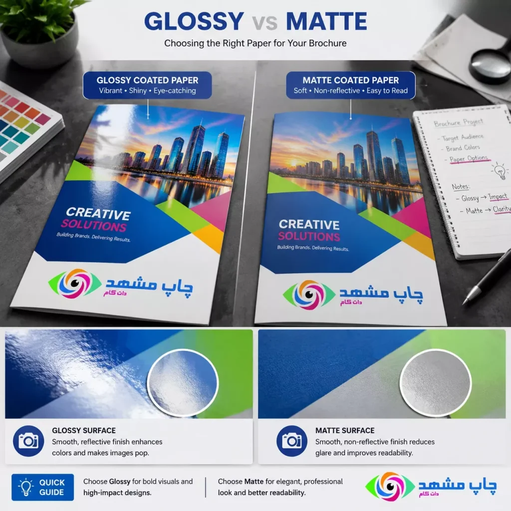 مقایسه انواع کاغذ بروشور شامل گلاسه براق، گلاسه مات و بررسی تفاوت کاغذ مات و براق در چاپ بروشور