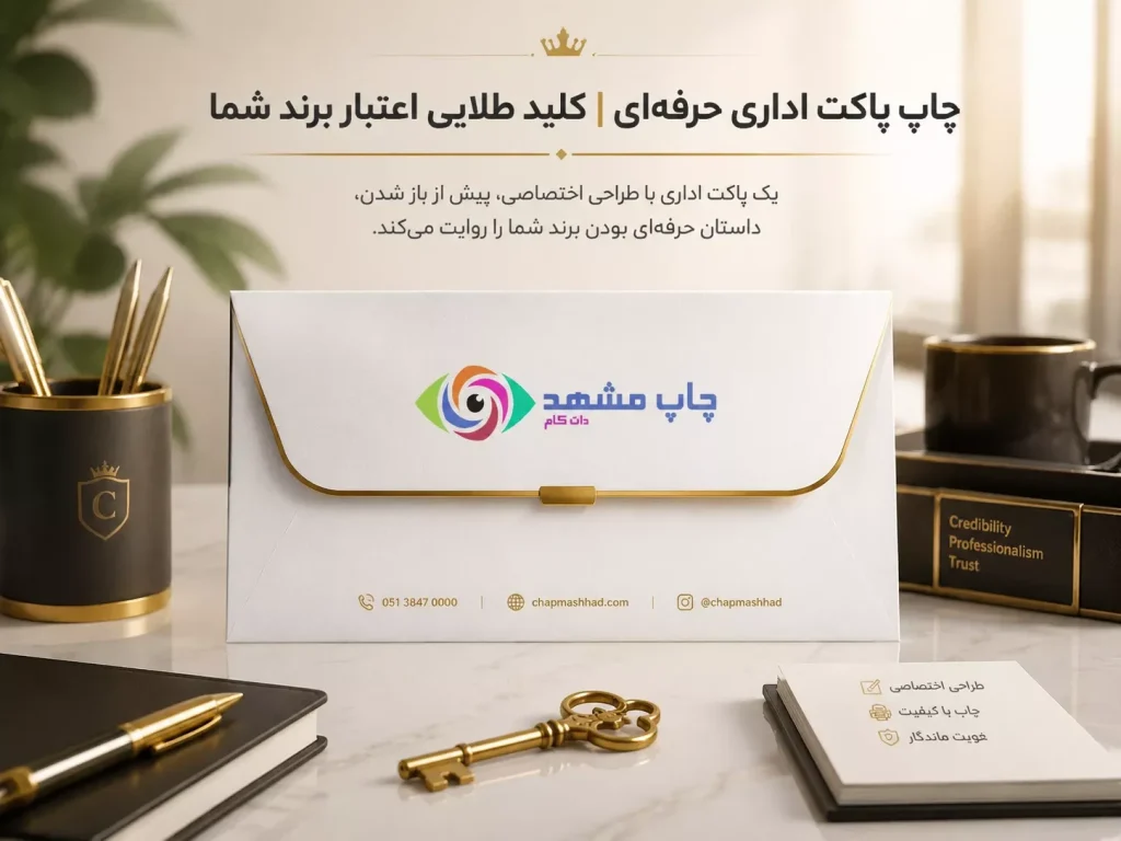 چاپ پاکت اداری با لوگوی اختصاصی شرکت، نماد اعتبار سازمانی و حرفه‌ای‌گری در مکاتبات.
