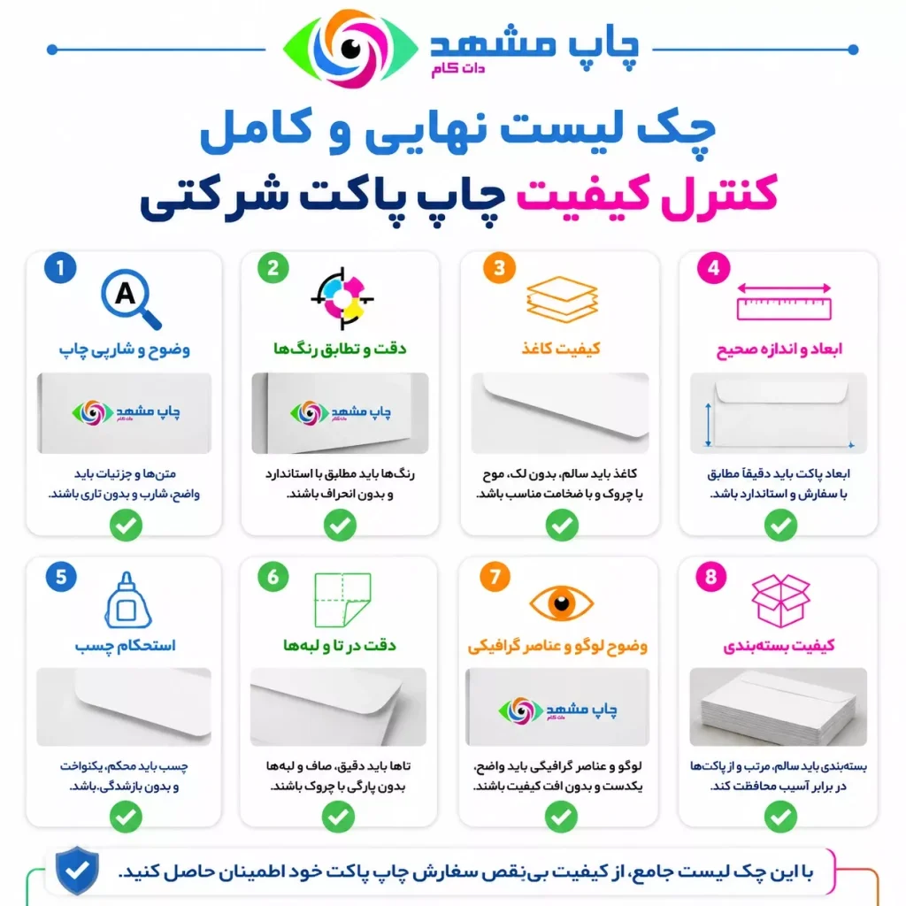 چک لیست گرافیکی و جامع برای کنترل کیفیت نهایی چاپ پاکت شرکتی، از وضوح طرح تا کیفیت چسب و بسته‌بندی.