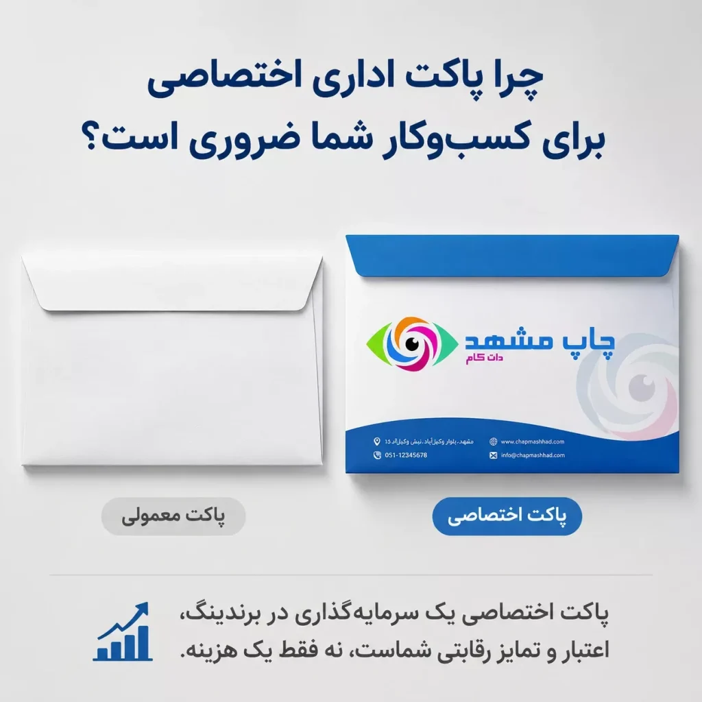 مقایسه یک پاکت سفید ساده در کنار یک پاکت اداری اختصاصی با طراحی حرفه‌ای که نشان‌دهنده تفاوت در برندینگ است.