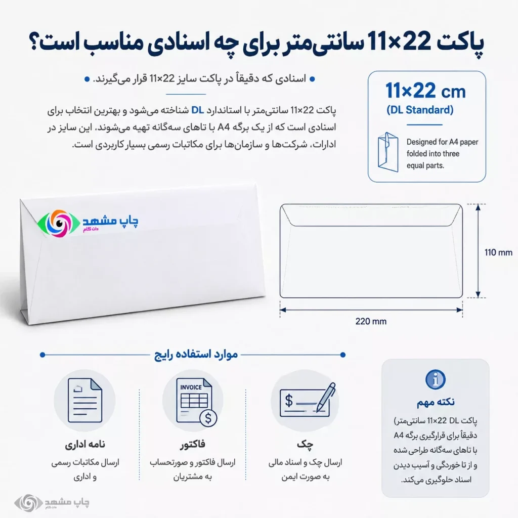 بررسی کاربرد دقیق پاکت با ابعاد $11 \times 22$ سانتی‌متر برای اسناد شرکتی