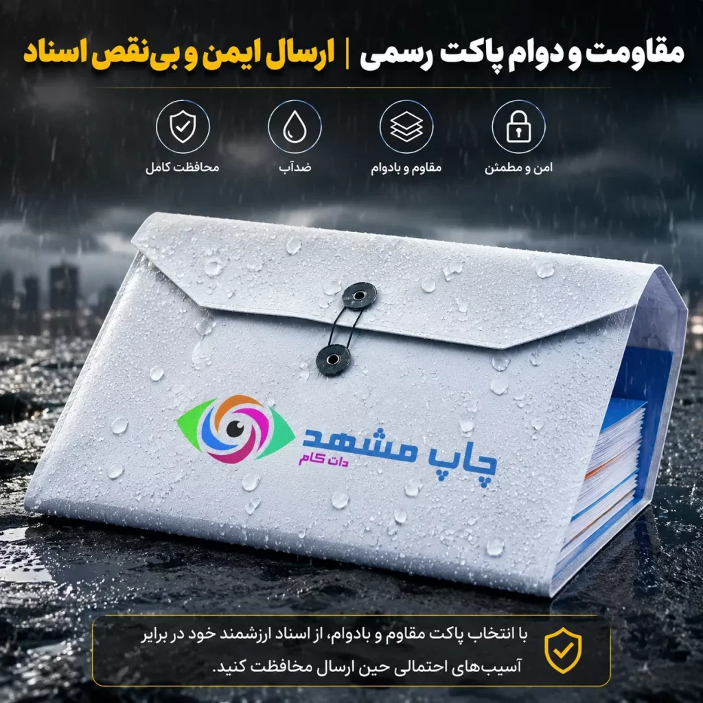تصویری از یک پاکت رسمی مقاوم در شرایط سخت (مثلا نم باران) که محتویات داخل آن کاملا سالم مانده است.