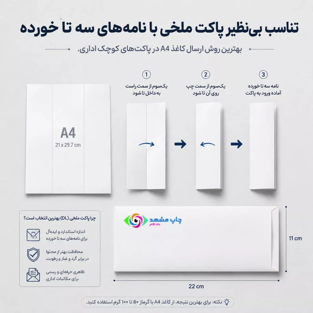 آموزش نحوه تا زدن سه قسمتی کاغذ A4 برای قرارگیری در پاکت ملخی