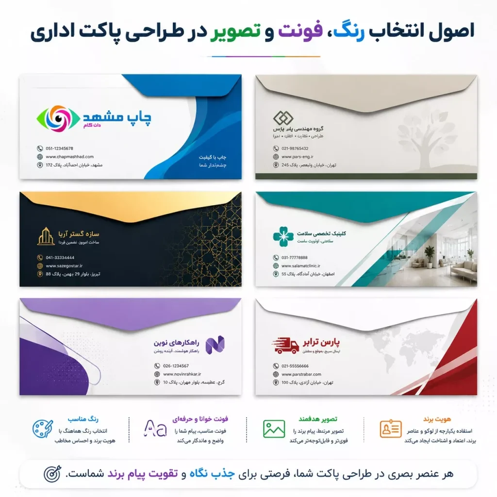 نمونه‌های مختلف پاکت اداری که تاثیر رنگ‌های روانشناسی، فونت‌های خوانا و تصاویر جذاب را در طراحی نشان می‌دهد.