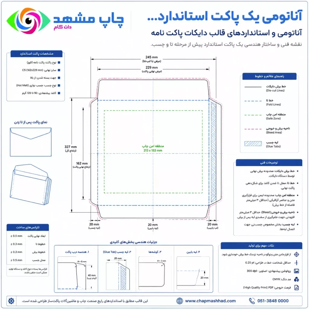 دیاگرام مهندسی آناتومی پاکت شامل خط تا، درب، ناحیه بلیید و چسب‌خوری