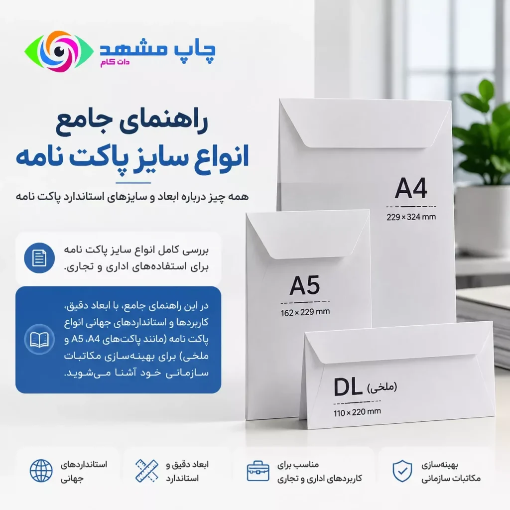 راهنمای جامع و تصویری انواع سایز استاندارد پاکت نامه اداری شامل ابعاد پاکت ملخی، A4 و A5