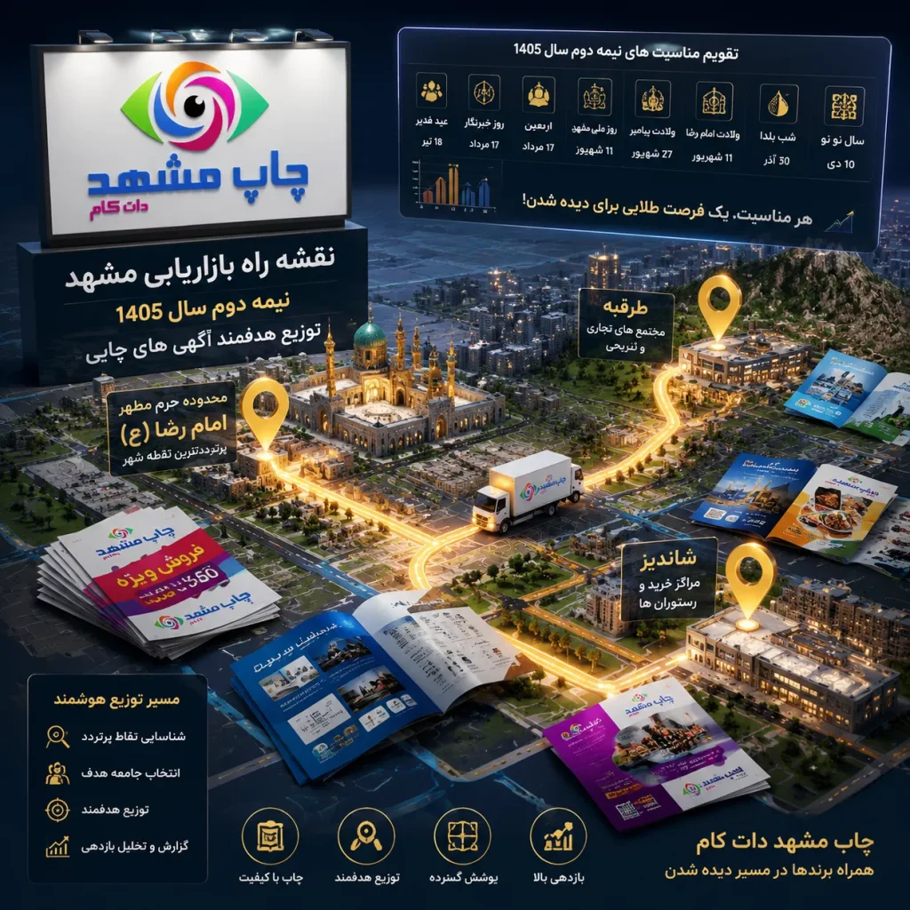 نقشه راه بازاریابی مشهد در نیمه دوم ۱۴۰۵؛ استراتژی پخش تراکت و توزیع بروشور تبلیغاتی در مناسبت‌ها و بازارهای هدف مشهد برای افزایش بازدهی تبلیغات چاپی.